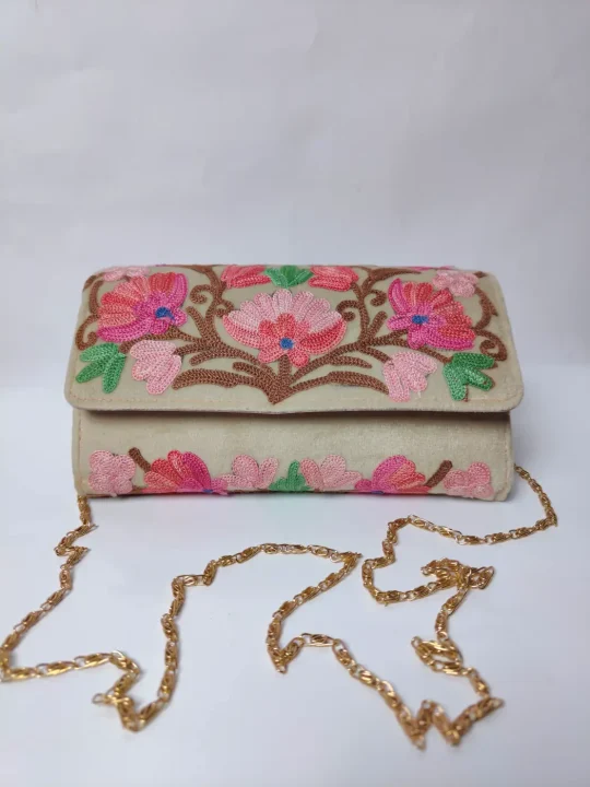 Kashmiri Sling Wallet in Beige with Aari Embroidery
