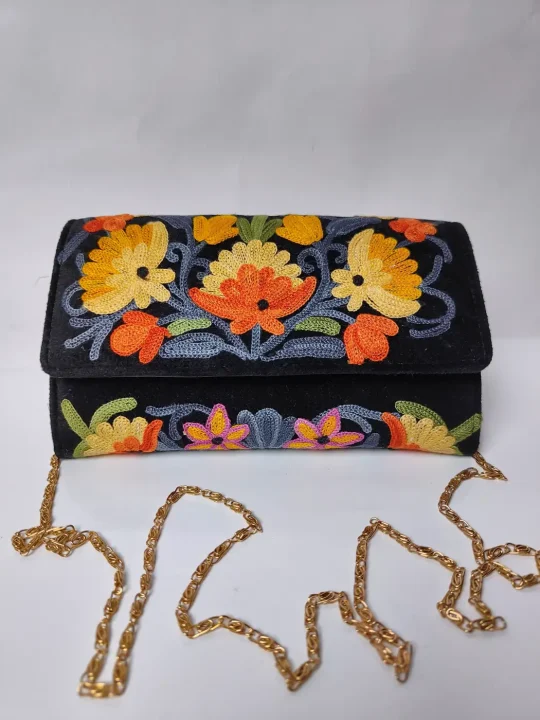 Black Kashmiri Sling Wallet with Aari Embroidery Dilnishin