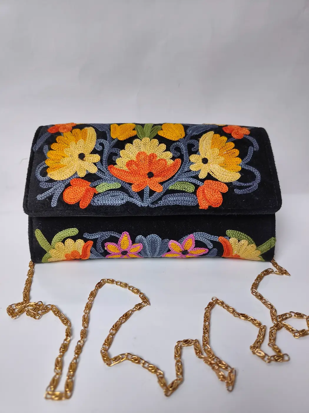 Black Kashmiri Sling Wallet with Aari Embroidery Dilnishin