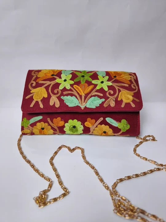 Shadab Maroon Kashmiri Sling Wallet with Aari Embroidery