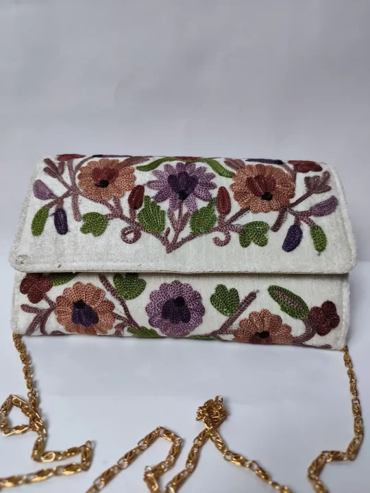 White Kashmiri Sling Wallet with Aari Embroidery