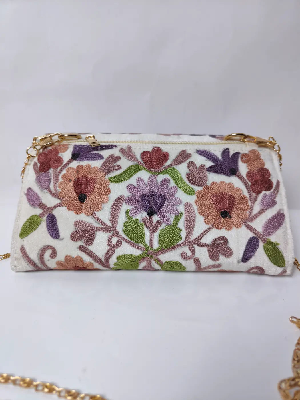 White Kashmiri Sling Wallet with Aari Embroidery - Image 3