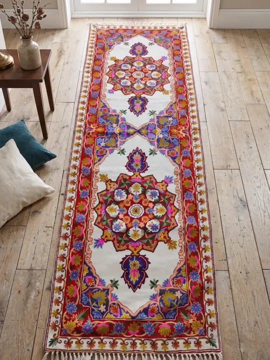 Kashmiri Floor Carpet Runner with Hand Embroidery (8×2.5 ft) | For bedroom, living room, stairs, etc.