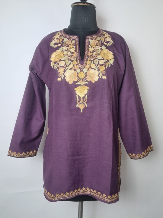 Purple Kashmiri Ruby Cotton Short kurti With Aari Work Salma