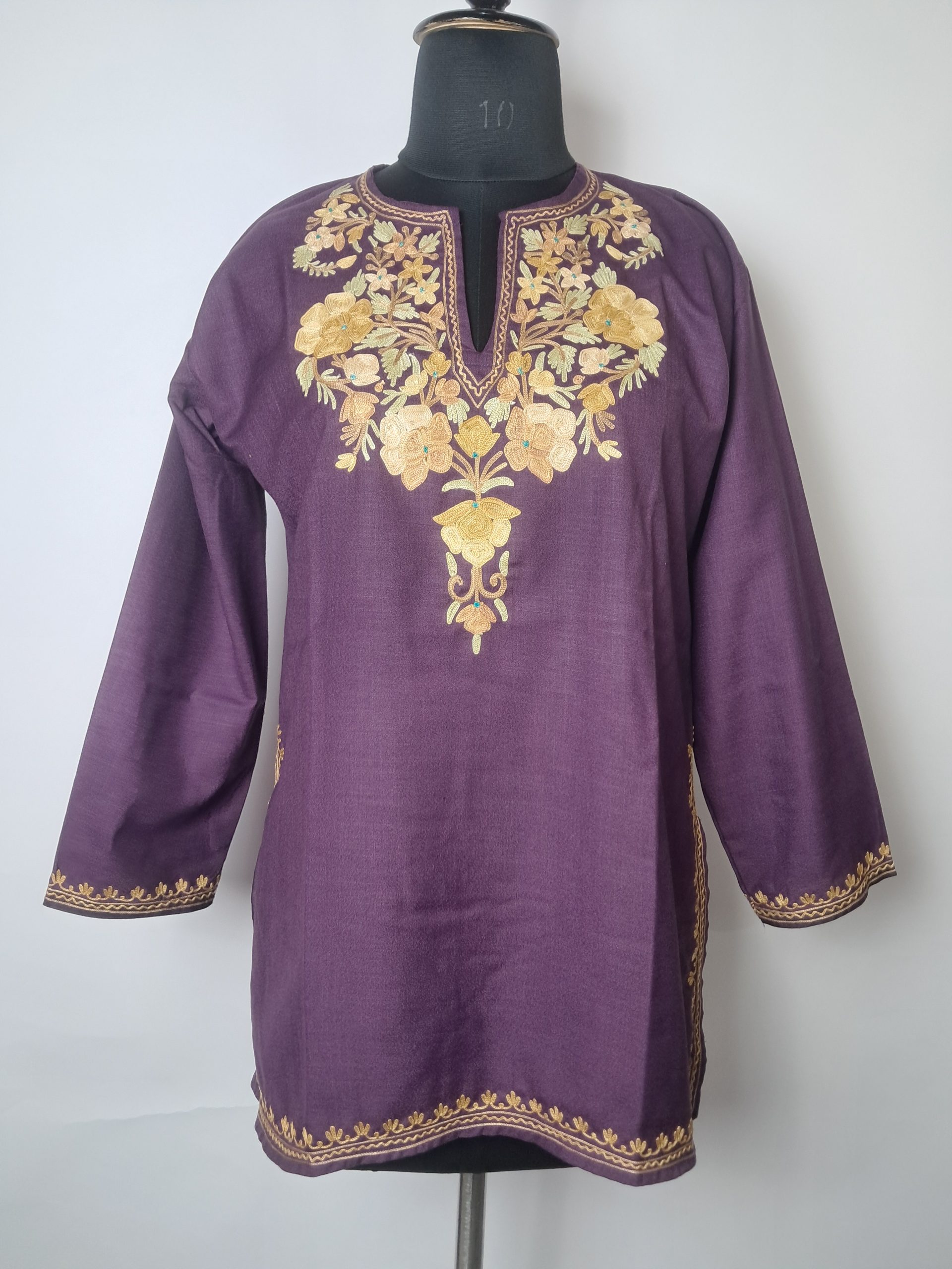 Purple Kashmiri Ruby Cotton Short kurti With Aari Work Salma