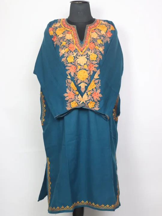 Kashmiri Noor Teal Cashmilon Pheran for Women with Sleeve Point Aari Embroidery