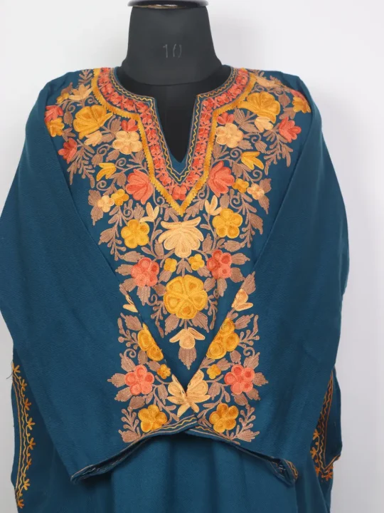 Kashmiri Noor Teal Cashmilon Pheran for Women with Sleeve Point Aari Embroidery - Image 2