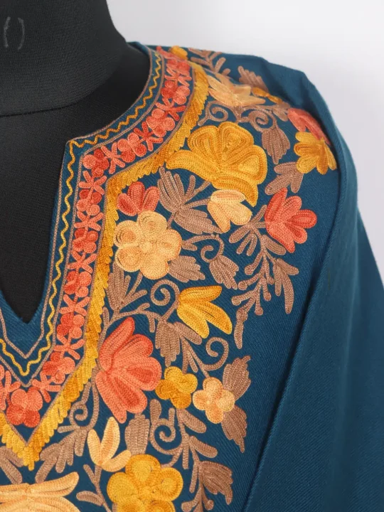 Kashmiri Noor Teal Cashmilon Pheran for Women with Sleeve Point Aari Embroidery - Image 3