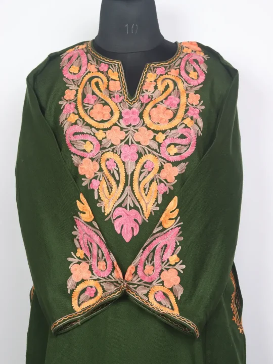 Kashmiri Dark Green Mehfil Cashmilon Pheran for Women with Sleeve Point Aari Embroidery - Image 2