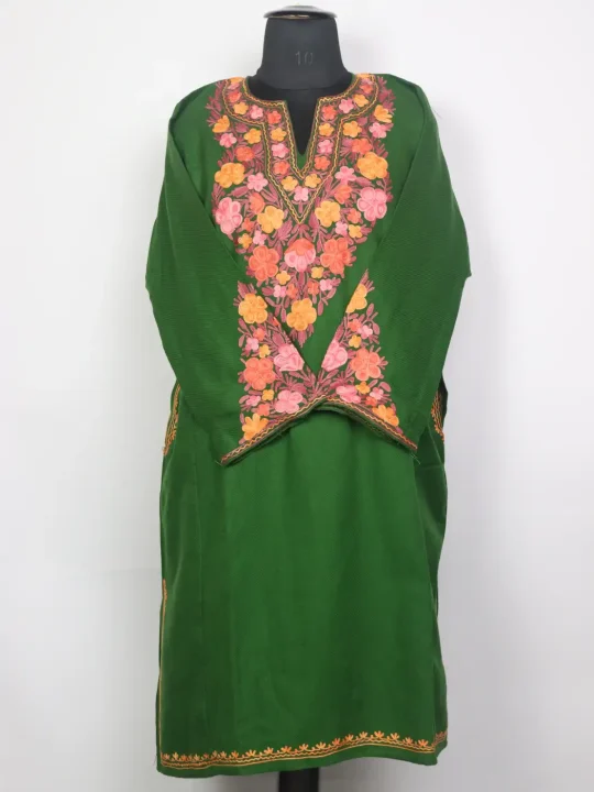 Kashmiri Nazakat Green Cashmilon Pheran for Women with Sleeve Point Aari Embroidery