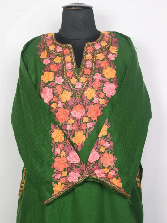 Kashmiri Nazakat Green Cashmilon Pheran for Women with Sleeve Point Aari Embroidery - Image 2
