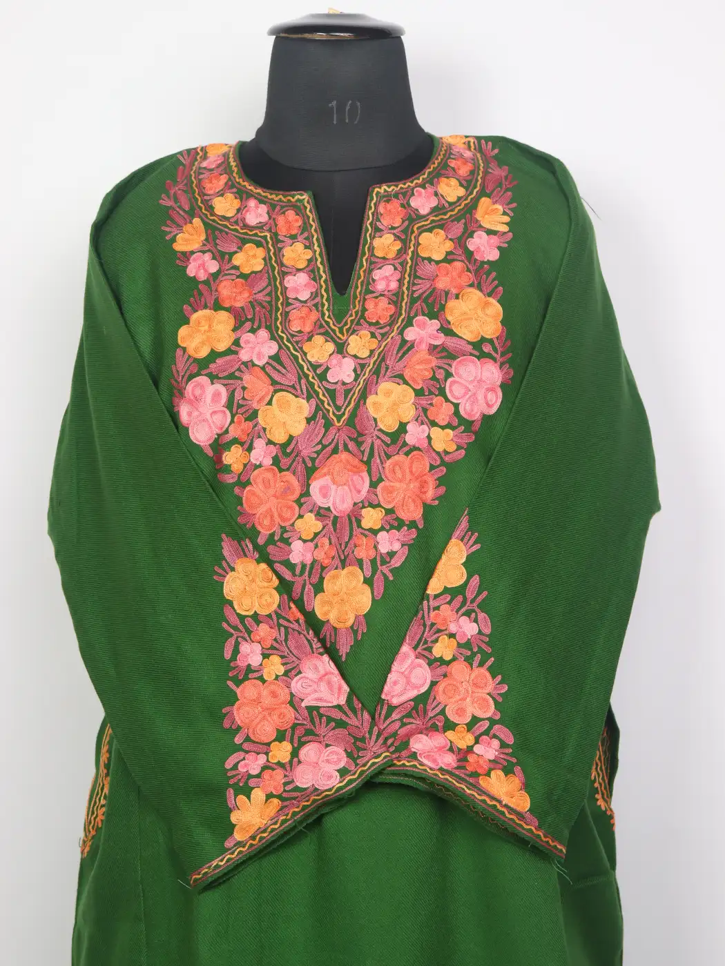 Kashmiri Nazakat Green Cashmilon Pheran for Women with Sleeve Point Aari Embroidery - Image 2