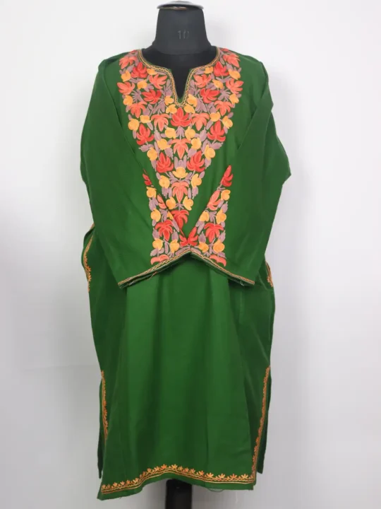 Kashmiri Bahaar Deep Green Cashmilon Pheran for Women with Floral Aari Sleeve Point Work