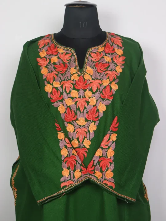 Kashmiri Bahaar Deep Green Cashmilon Pheran for Women with Floral Aari Sleeve Point Work - Image 2