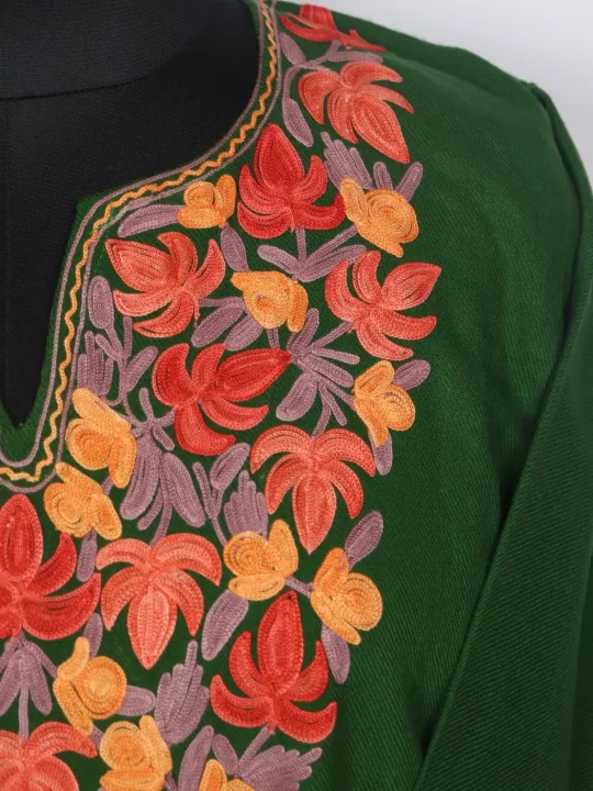 Kashmiri Bahaar Deep Green Cashmilon Pheran for Women with Floral Aari Sleeve Point Work - Image 3