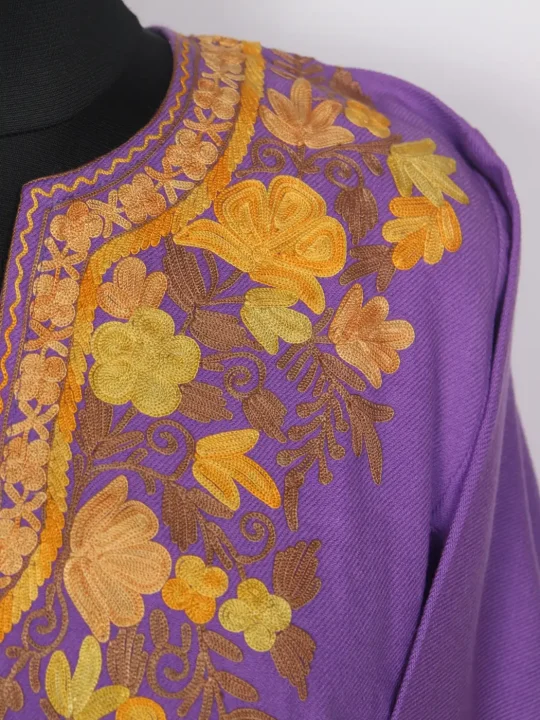 Gulshan Kashmiri Purple Cashmilon Pheran for Women with Floral Aari Sleeve Point Embroidery - Image 3