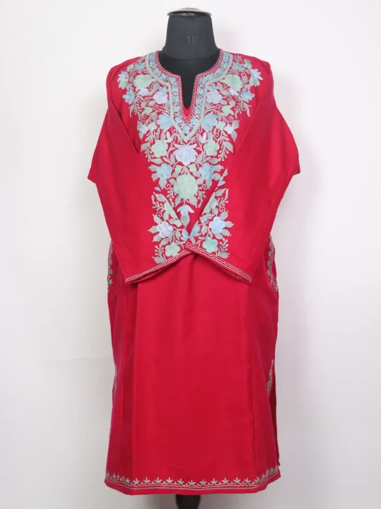 Kashmiri Pink Cashmilon Pheran for Women Roshan with Sleeve Point Aari Embroidery