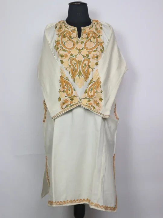 Kashmiri Meher Off-White Cashmilon Pheran for Women with Golden Aari Kadhai Sleeve Point Work
