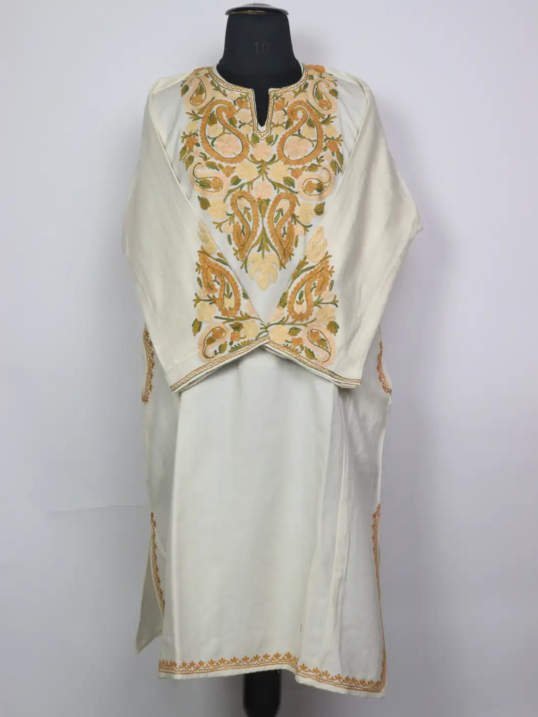 Kashmiri Meher Off-White Cashmilon Pheran for Women with Golden Aari Kadhai Sleeve Point Work