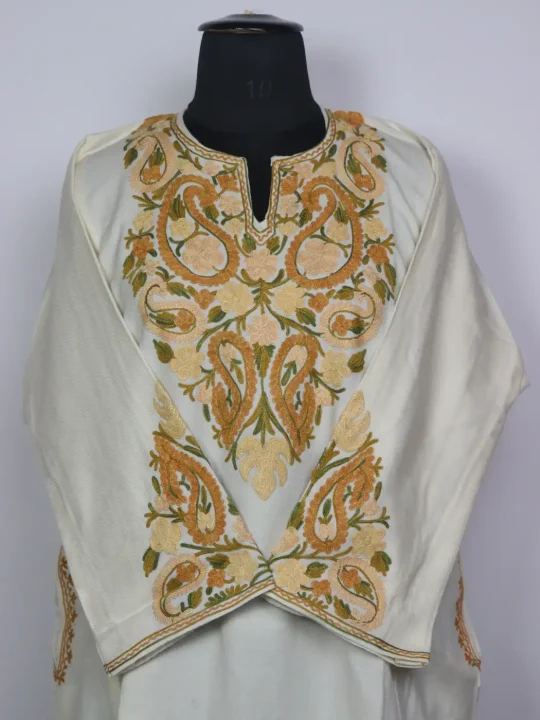 Kashmiri Meher Off-White Cashmilon Pheran for Women with Golden Aari Kadhai Sleeve Point Work - Image 2