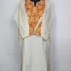 Aks Kashmiri Off-White Cashmilon Pheran for Women with Sleeve Point Orange Aari Embroidery