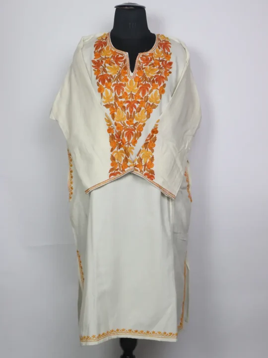 Aks Kashmiri Off-White Cashmilon Pheran for Women with Sleeve Point Orange Aari Embroidery