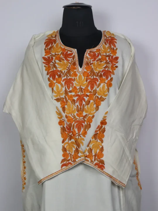 Aks Kashmiri Off-White Cashmilon Pheran for Women with Sleeve Point Orange Aari Embroidery - Image 2