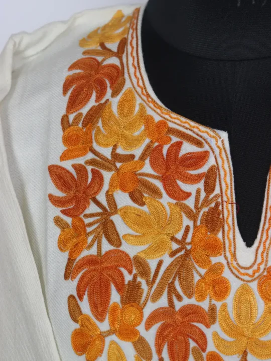 Aks Kashmiri Off-White Cashmilon Pheran for Women with Sleeve Point Orange Aari Embroidery - Image 3