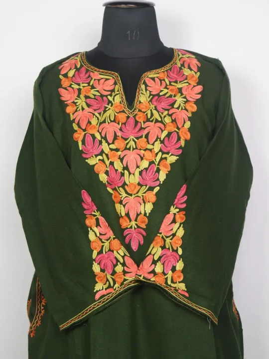 Nusrat Kashmiri Dark Green Cashmilon Pheran for Women with Sleeve Point Aari Kaam - Image 2