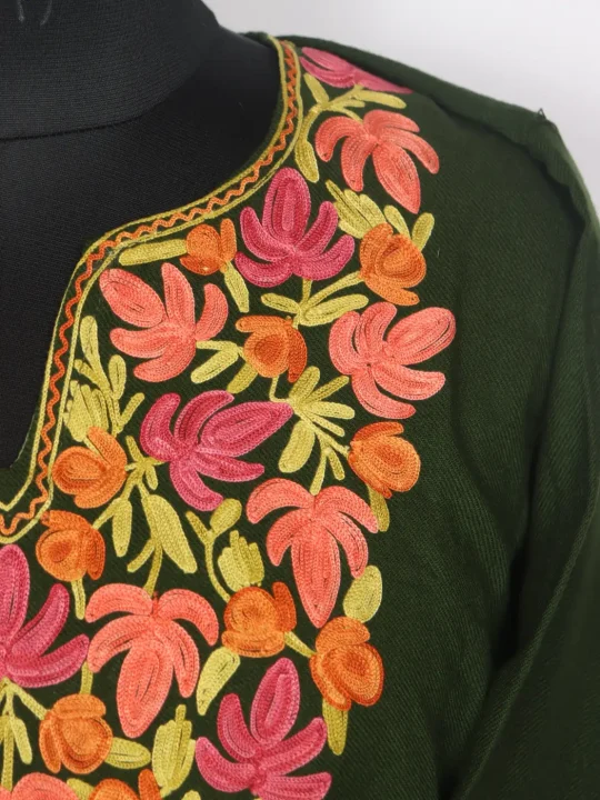 Nusrat Kashmiri Dark Green Cashmilon Pheran for Women with Sleeve Point Aari Kaam - Image 3