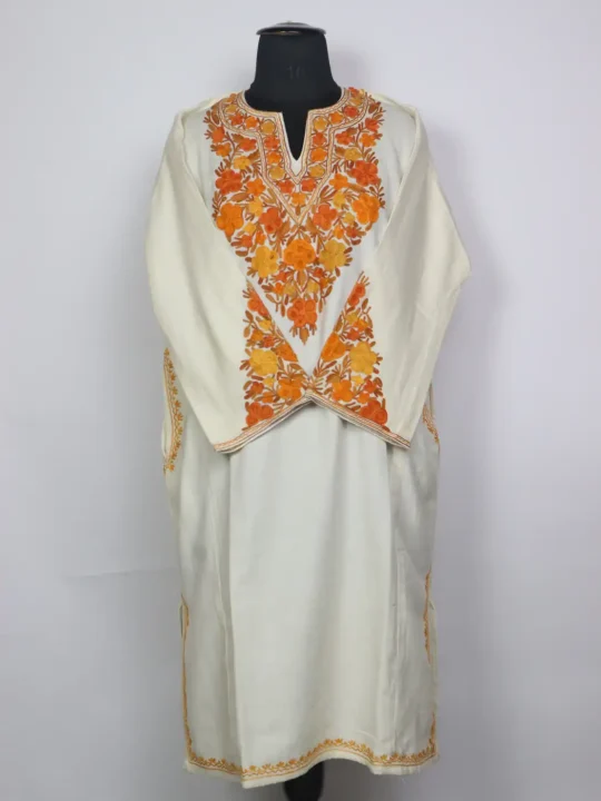 Kashmiri Off-White Roshni Cashmilon Pheran for Women with Sleeve Point Aari Kadhai