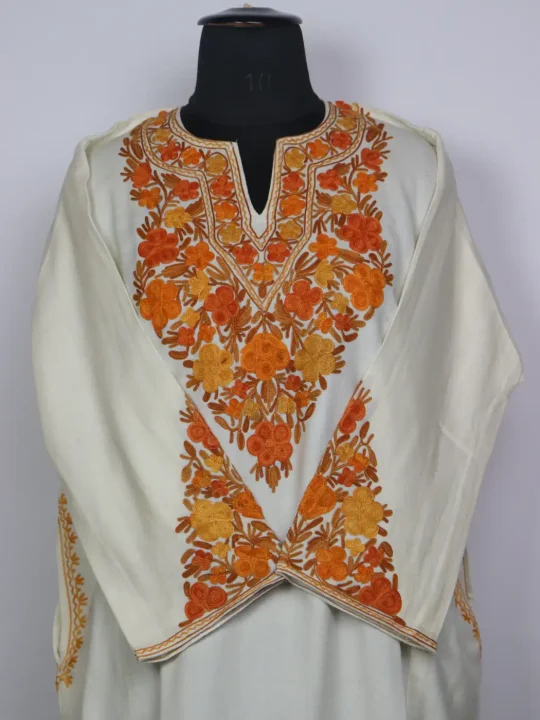 Kashmiri Off-White Roshni Cashmilon Pheran for Women with Sleeve Point Aari Kadhai - Image 2
