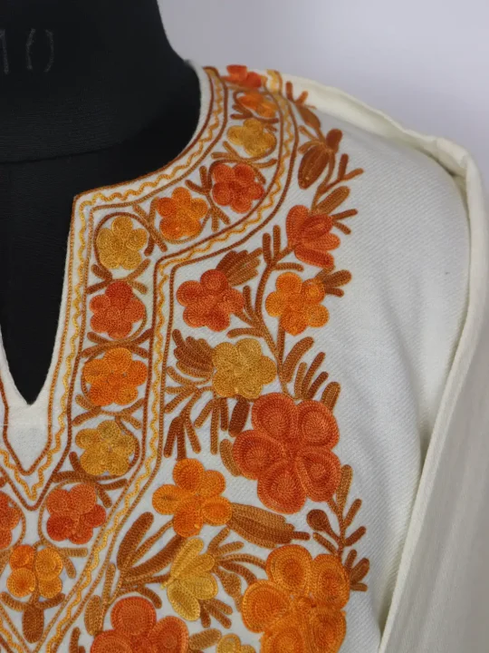Kashmiri Off-White Roshni Cashmilon Pheran for Women with Sleeve Point Aari Kadhai - Image 3