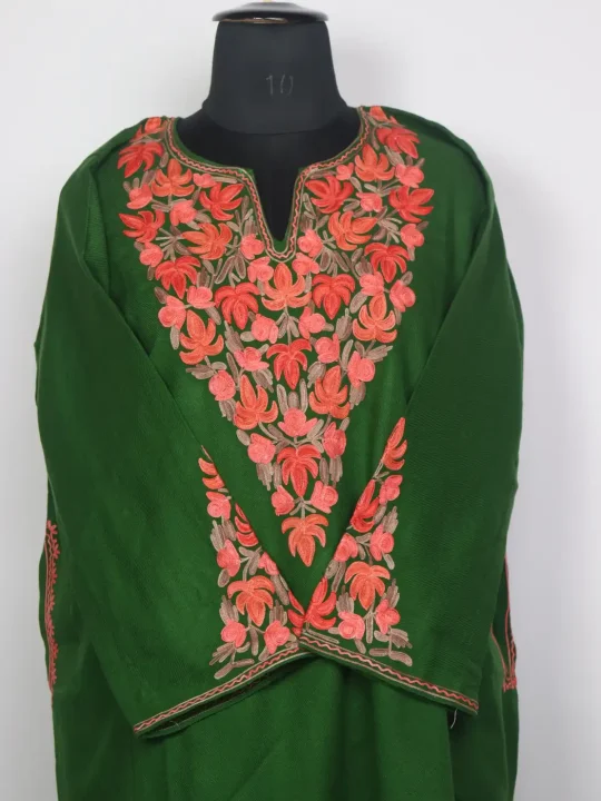 Kashmiri Green Cashmilon Rouf Pheran for Women with Sleeve Point Aari Embroidery - Image 2