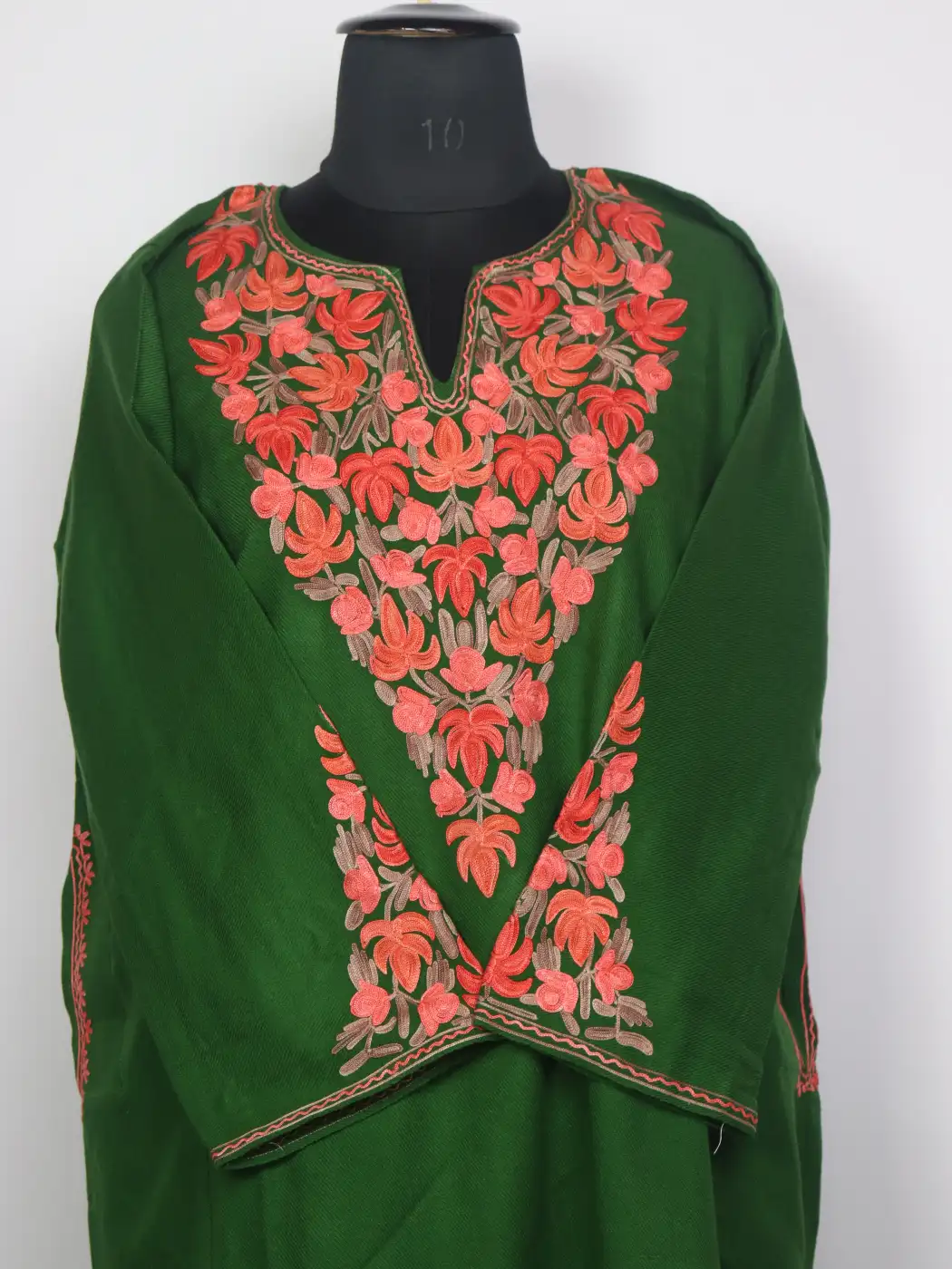 Kashmiri Green Cashmilon Rouf Pheran for Women with Sleeve Point Aari Embroidery - Image 2