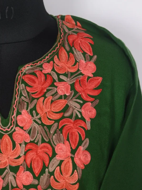 Kashmiri Green Cashmilon Rouf Pheran for Women with Sleeve Point Aari Embroidery - Image 3