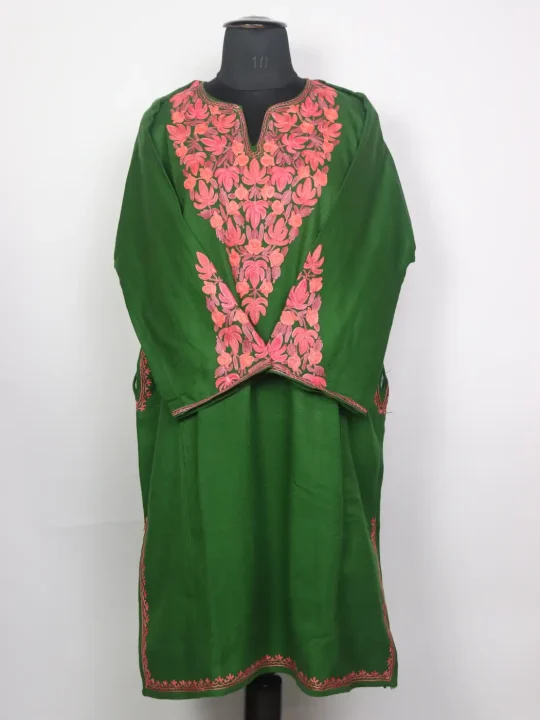 Kashmiri Green Cashmilon Pheran for Women Zooni with Sleeve Point Chinar Aari Kadhai