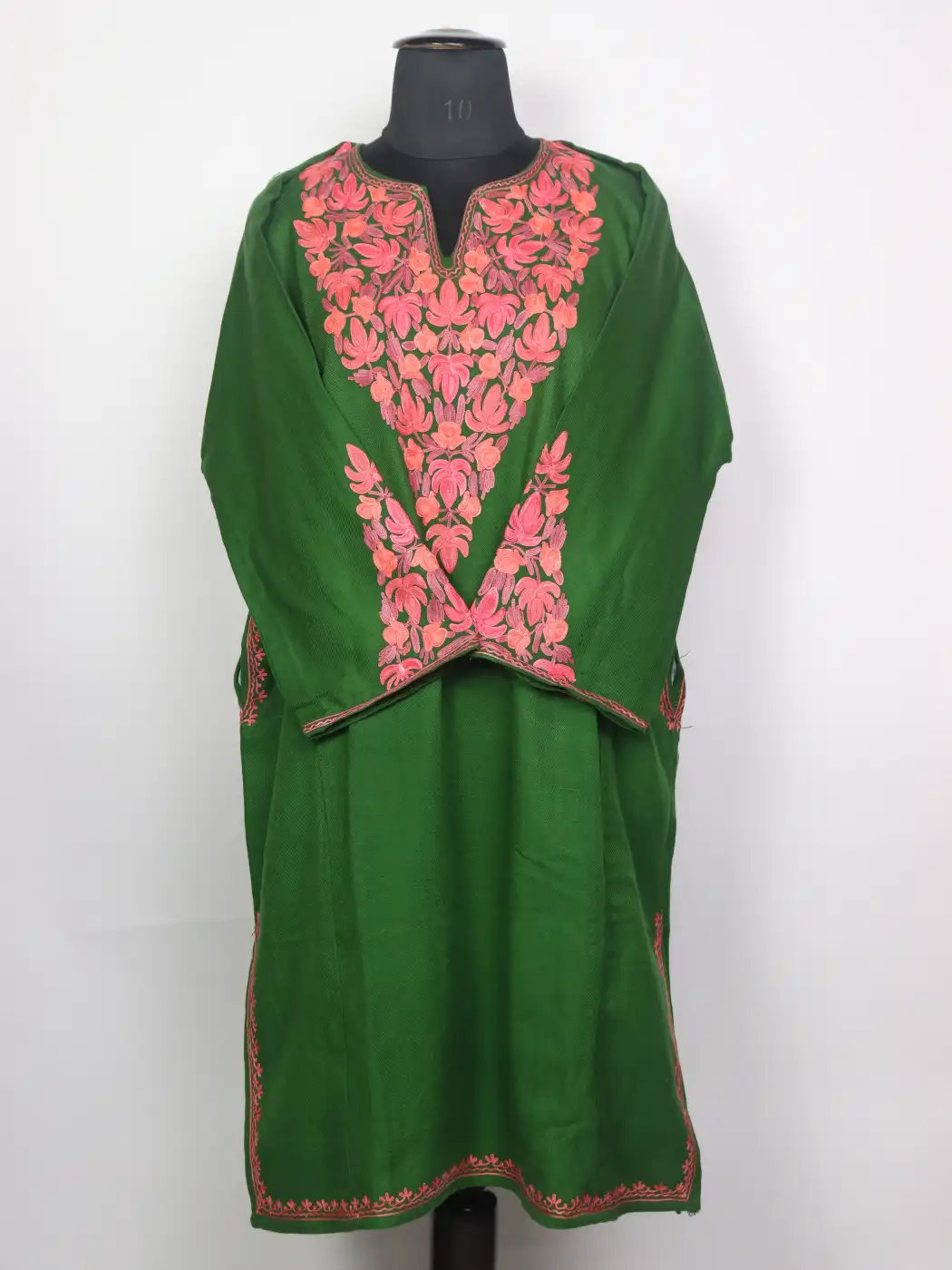 Kashmiri Green Cashmilon Pheran for Women Zooni with Sleeve Point Chinar Aari Kadhai