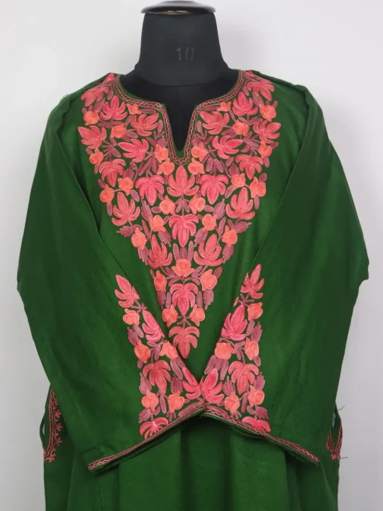 Kashmiri Green Cashmilon Pheran for Women Zooni with Sleeve Point Chinar Aari Kadhai - Image 2
