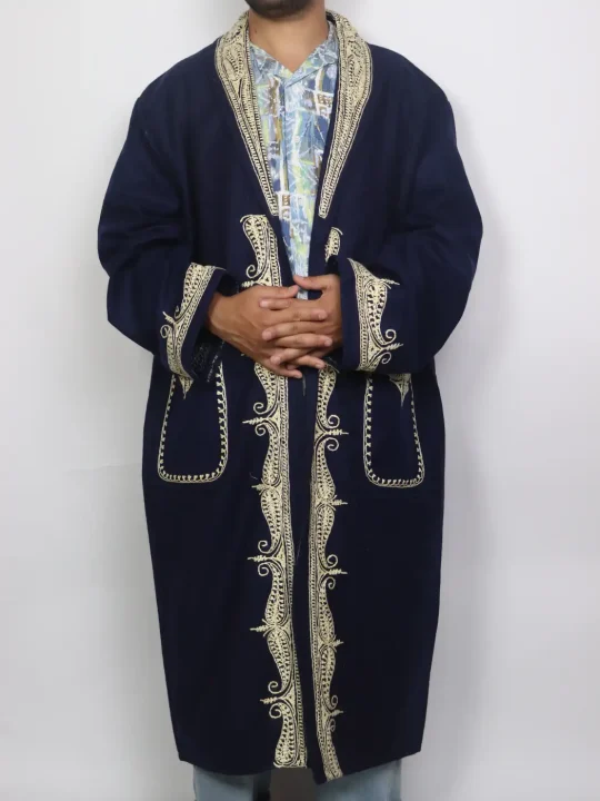 Kashmiri Andaaz Blue Woolen Gown for Men with Hand Aari Kaam