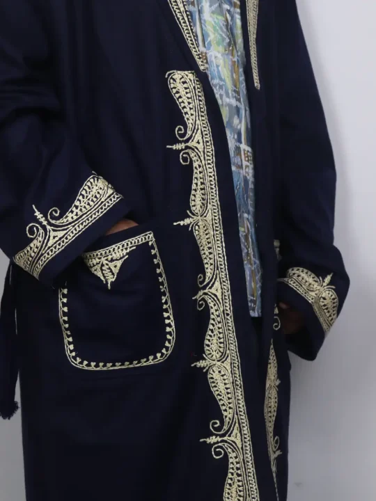 Kashmiri Andaaz Blue Woolen Gown for Men with Hand Aari Kaam - Image 2