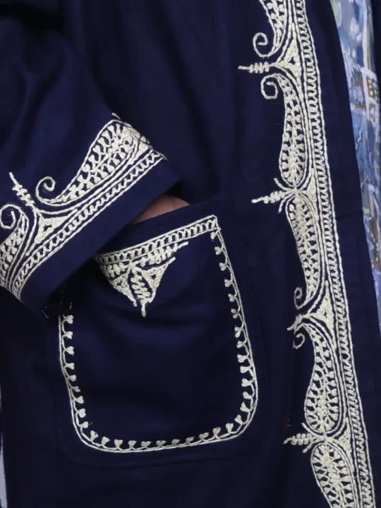 Kashmiri Andaaz Blue Woolen Gown for Men with Hand Aari Kaam - Image 3