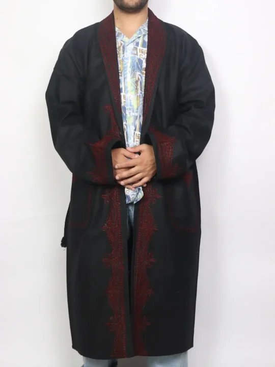 Kashmiri Black Woolen Gown for Men Shauq with Hand Aari Kadhai