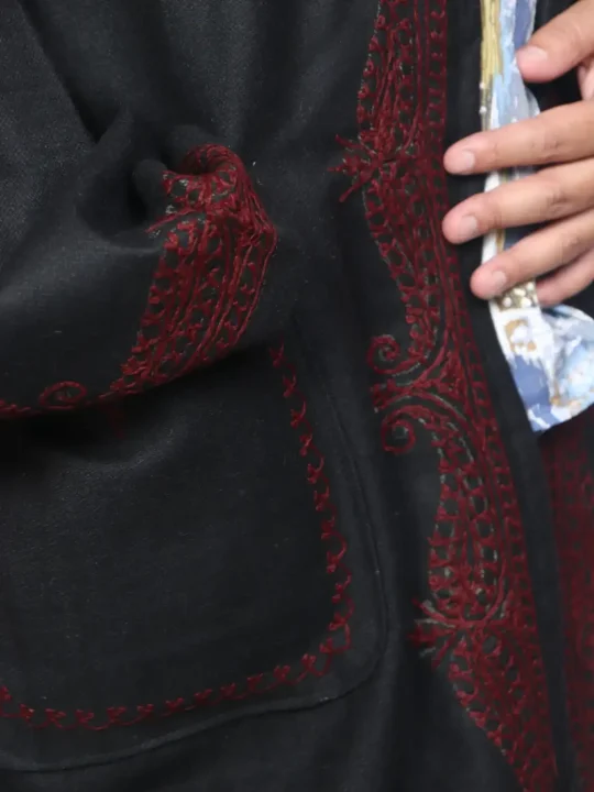 Kashmiri Black Woolen Gown for Men Shauq with Hand Aari Kadhai - Image 3