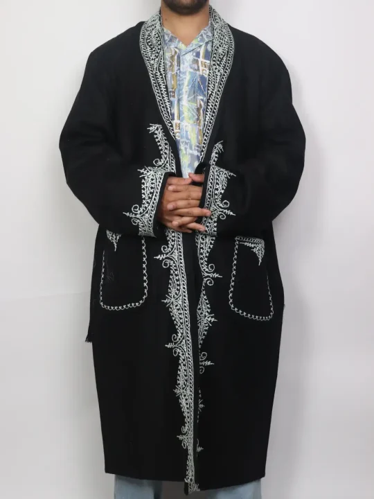 Gulzaar Black Kashmiri Woolen Gown for Men with Hand Aari Work