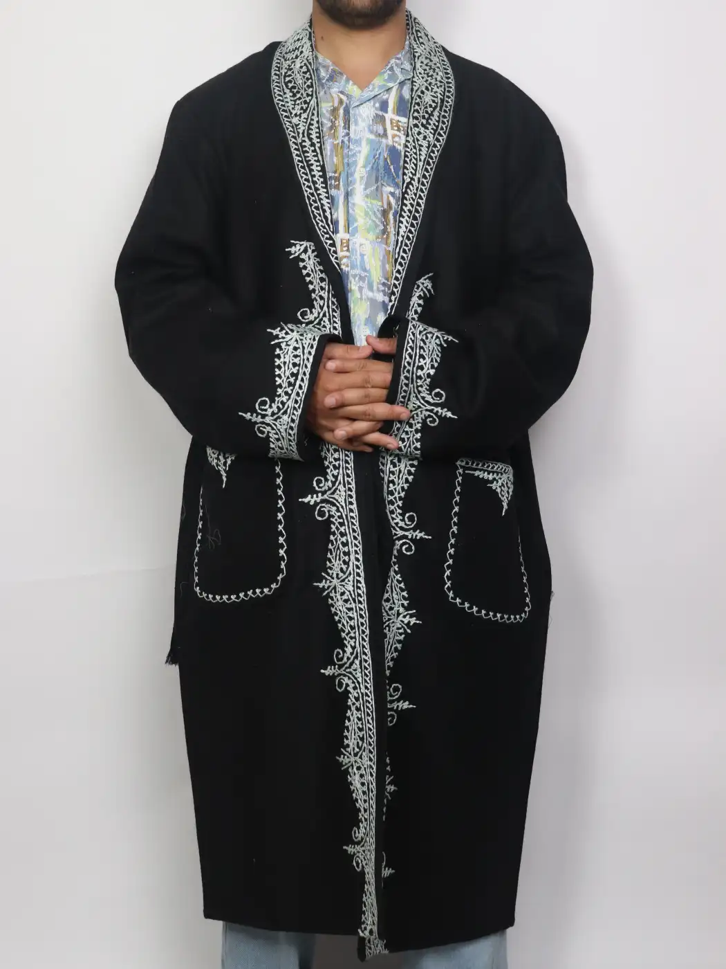 Gulzaar Black Kashmiri Woolen Gown for Men with Hand Aari Work