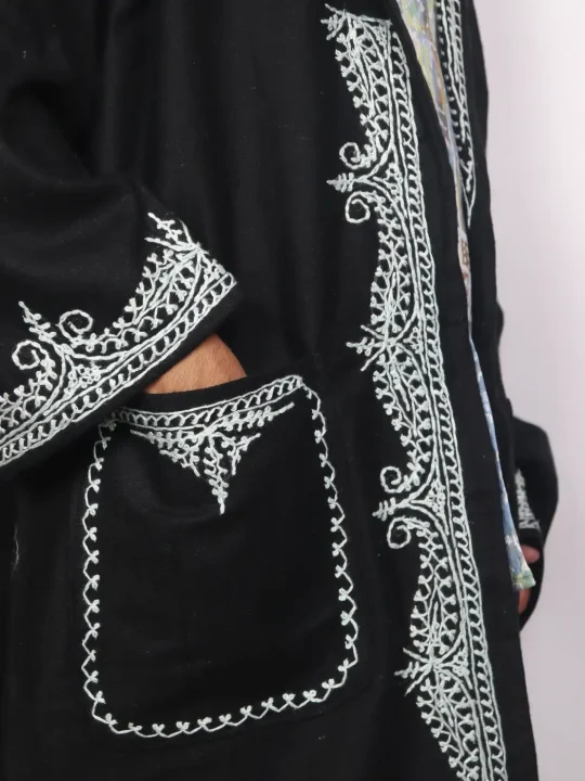 Gulzaar Black Kashmiri Woolen Gown for Men with Hand Aari Work - Image 2
