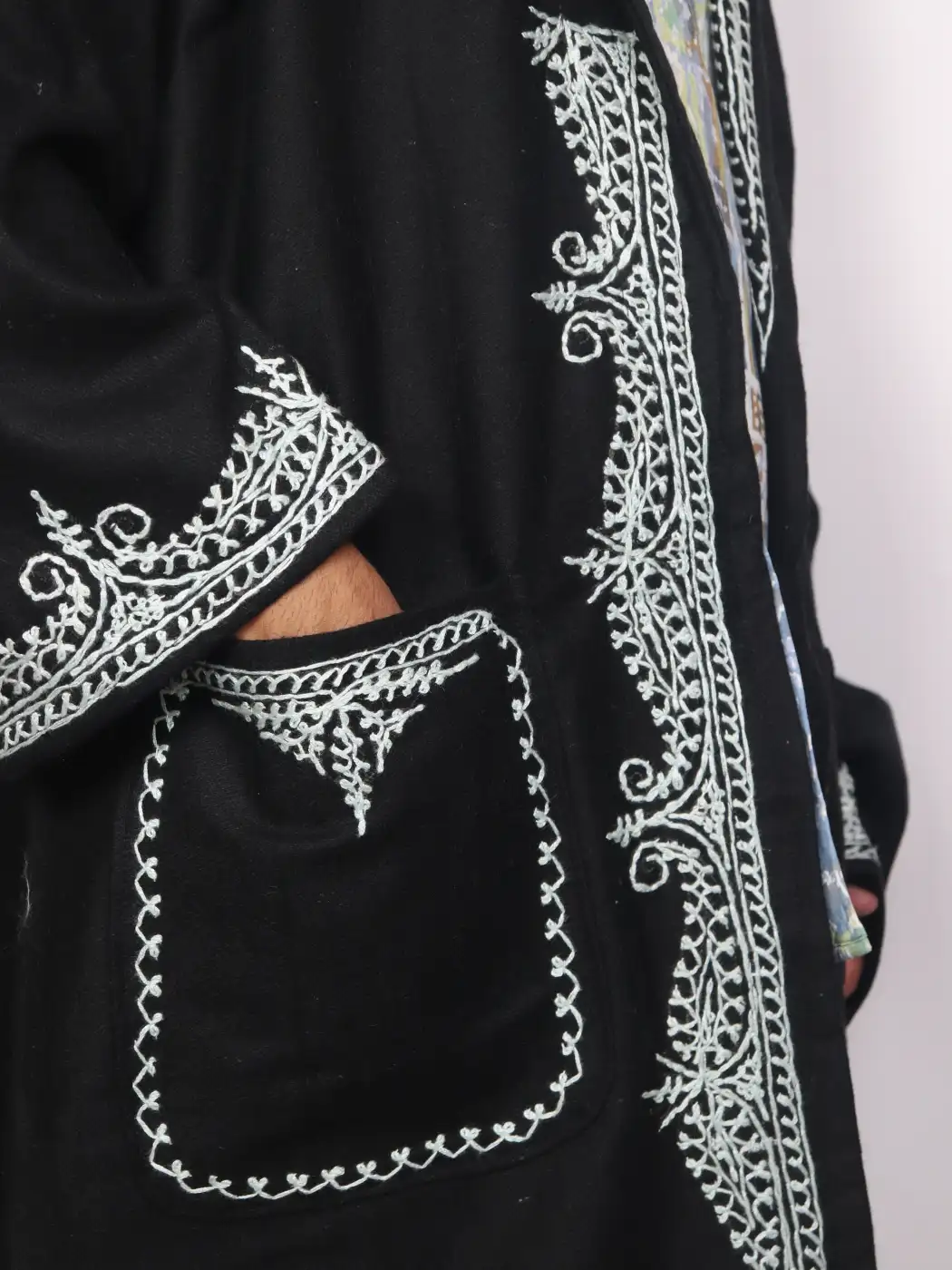 Gulzaar Black Kashmiri Woolen Gown for Men with Hand Aari Work - Image 2