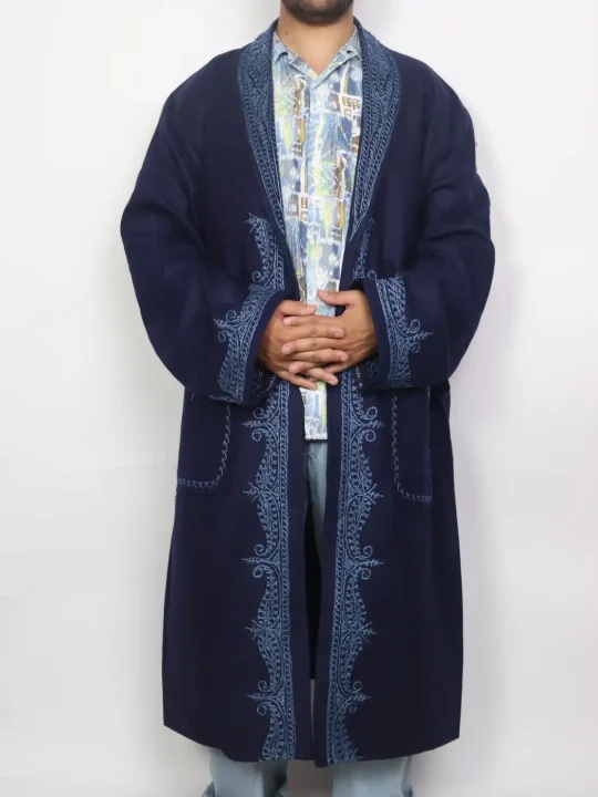 Kashmiri Mehfil Navy Blue Woolen Gown for Men with Hand Aari Embroidery