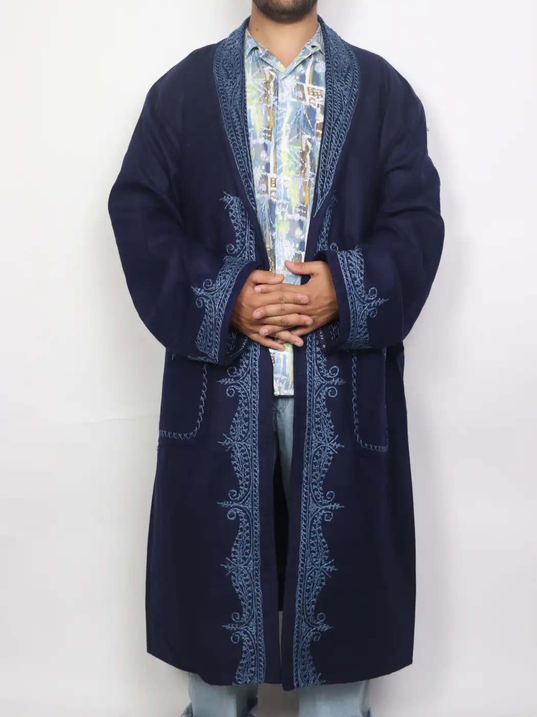 Kashmiri Mehfil Navy Blue Woolen Gown for Men with Hand Aari Embroidery